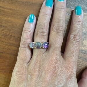 Amethyst Three Stone Set Ring Gold Tone Purple Lavender Boho Simple Ring Size 7